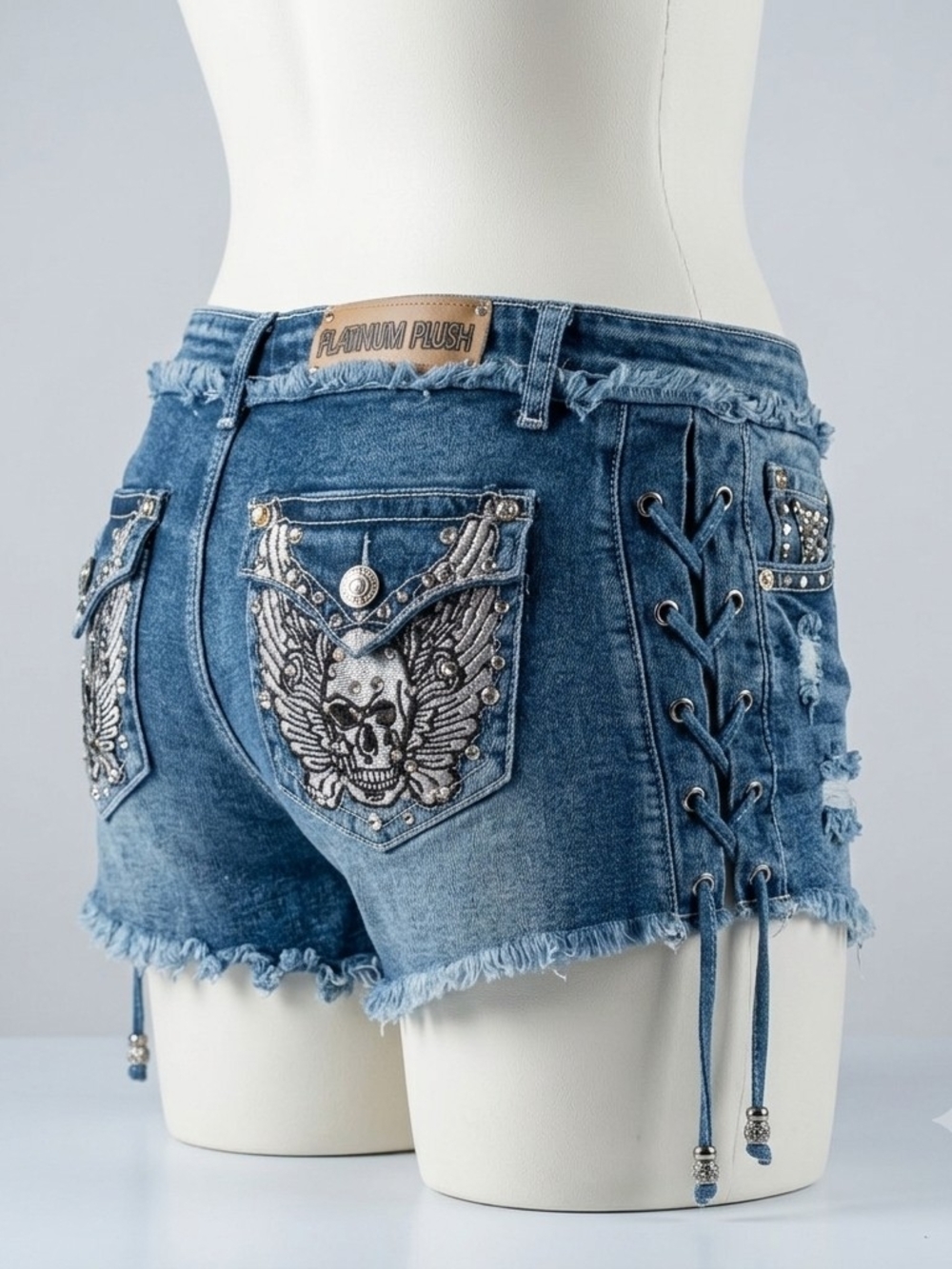 Platinum Plush Women's Blue Embroidered Lace-Up Denim Shorts
